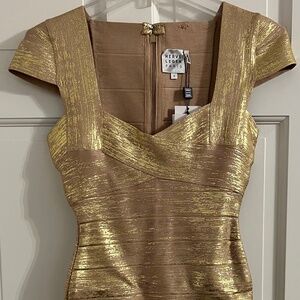 Herve Leger Paris gold foil bandage mini dress with cap sleeve